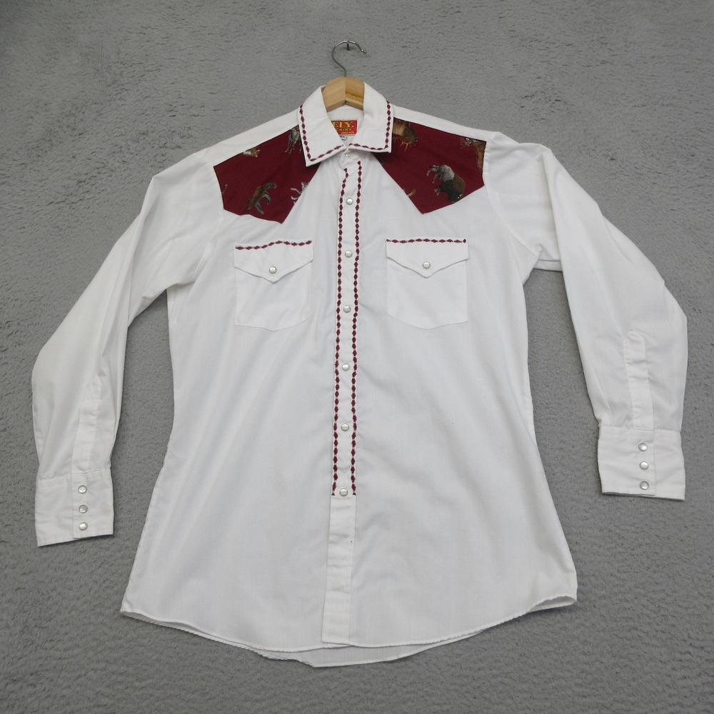 Vtg Y2K Ely Plains Wildlife Yoke Shirt Mens 15.5 White Pearl Snap Western Cowboy